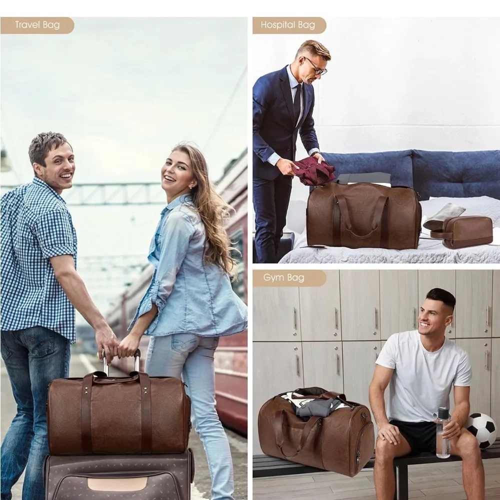 NWT Wogarl Faux Leather Weekender Duffle Bag 3 Pcs Travel,Laptop,Carry On,Coffee